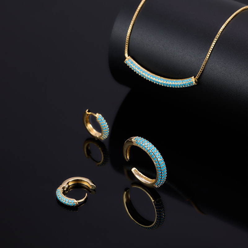Geometric Design Turquoise Blue Earrings Necklace Ring Jewelry Set Niche Earrings