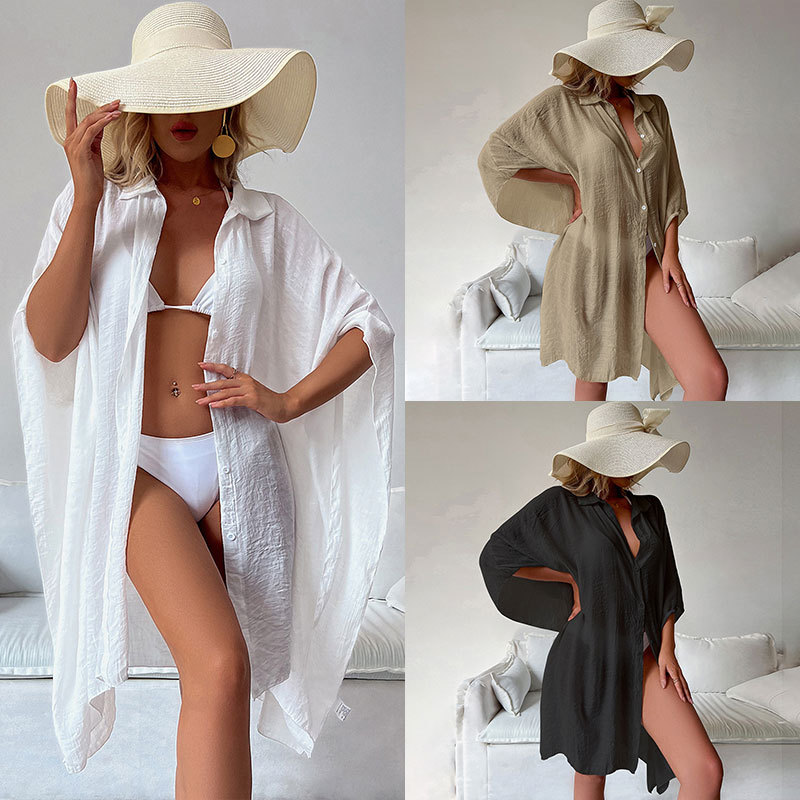 New Slub Cotton Shirt Style Loose Beach Cardigan Vacation Sun Protection Bikini Cover Up Swimsuit Outer Cardigan