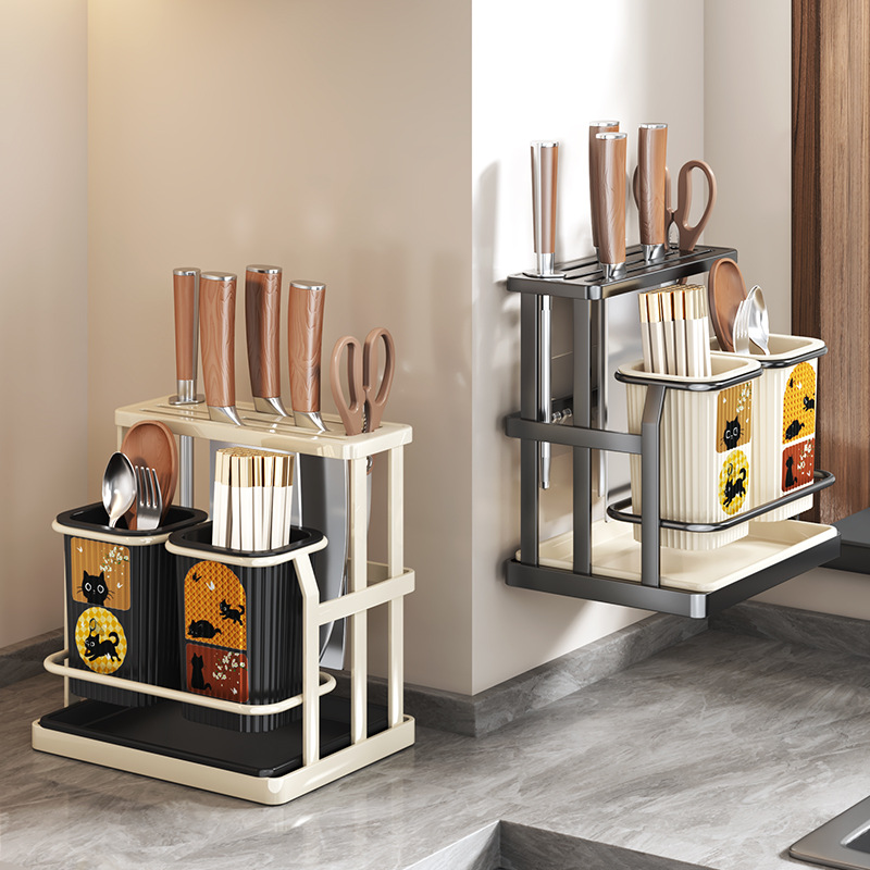 Kitchen Knife Rack Chopstick Holder Shelf Wall-mounted Multi-functional Knife Integrated Ventilated Countertop Storage Rack Chopstick Tube Drain