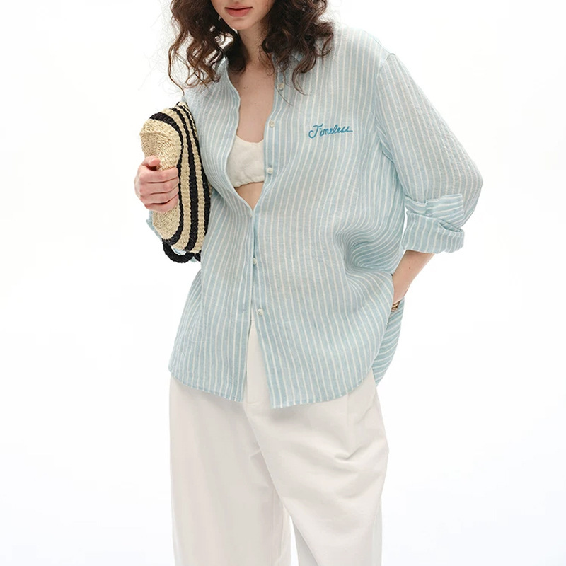 50% Linen 50% Hemp Vertical Stripe Embroidered Shirt Women's Loose Long-Sleeve Blouse Top