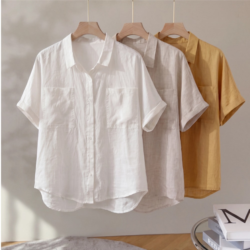 Linen short-sleeve shirt women summer simple loose turn-up thin casual white top