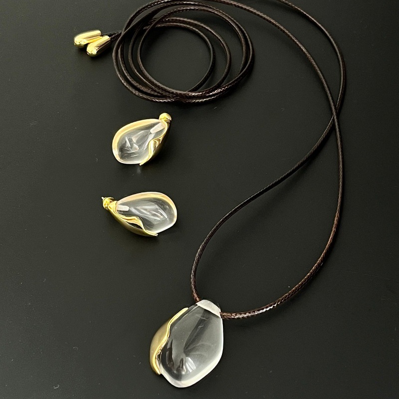 Dong Jie white crystal earrings and necklace, elegant drop pendant, delicate sweater chain