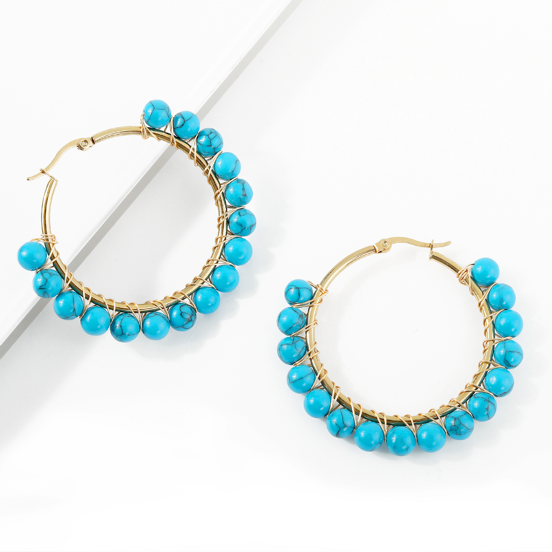 Multi Round Turquoise Earrings Stainless Steel Wrapped Natural Stone Women's Exaggerated Large Hoop Earrings