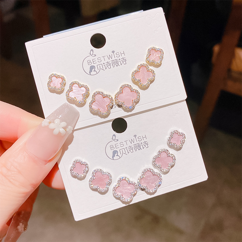 Summer new color large version pink zircon four-leaf flower earrings three pairs, six-piece set