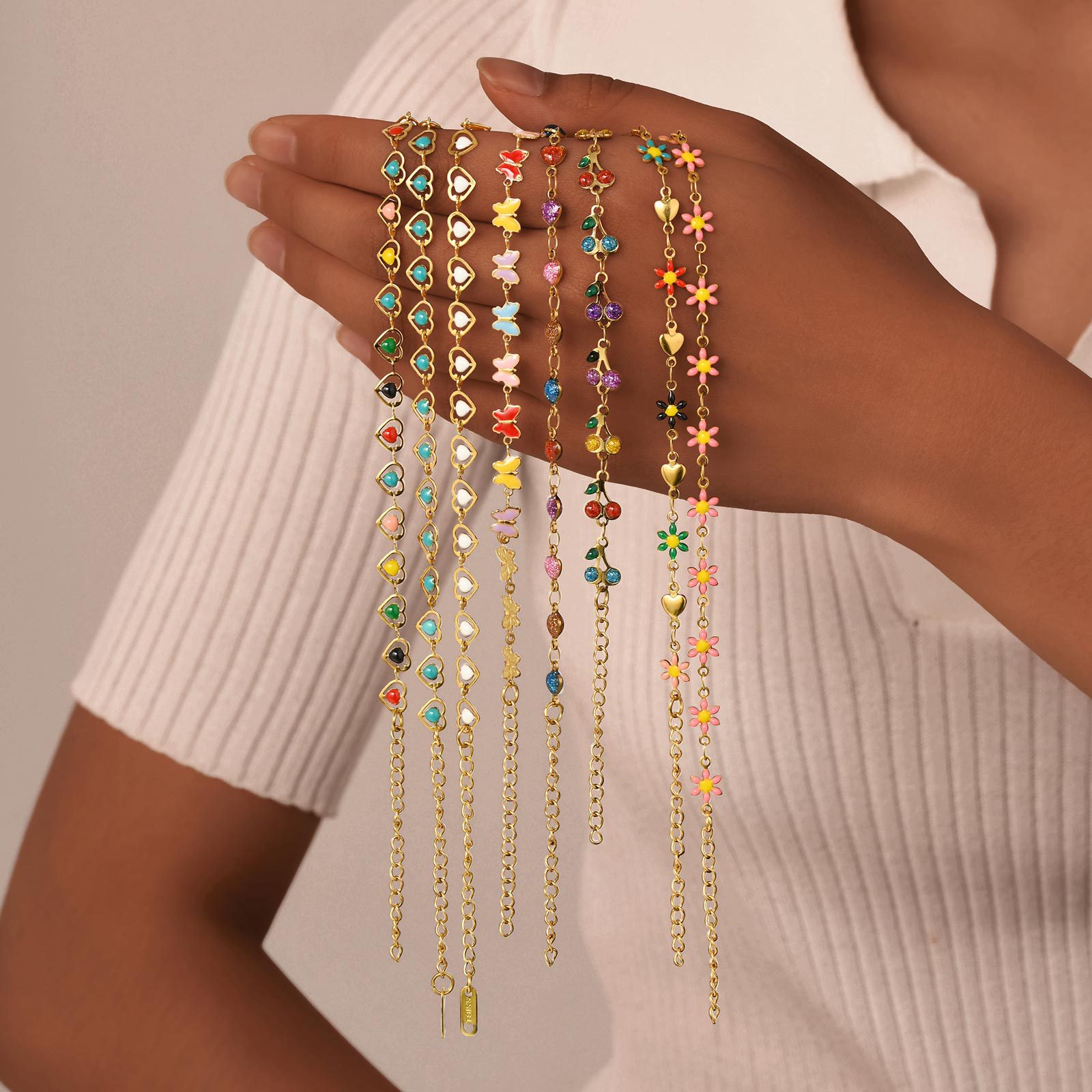Women's Stainless Steel Drop White Oil Heart Shape Flower Cherry Colorful Bracelet Gold Accessories