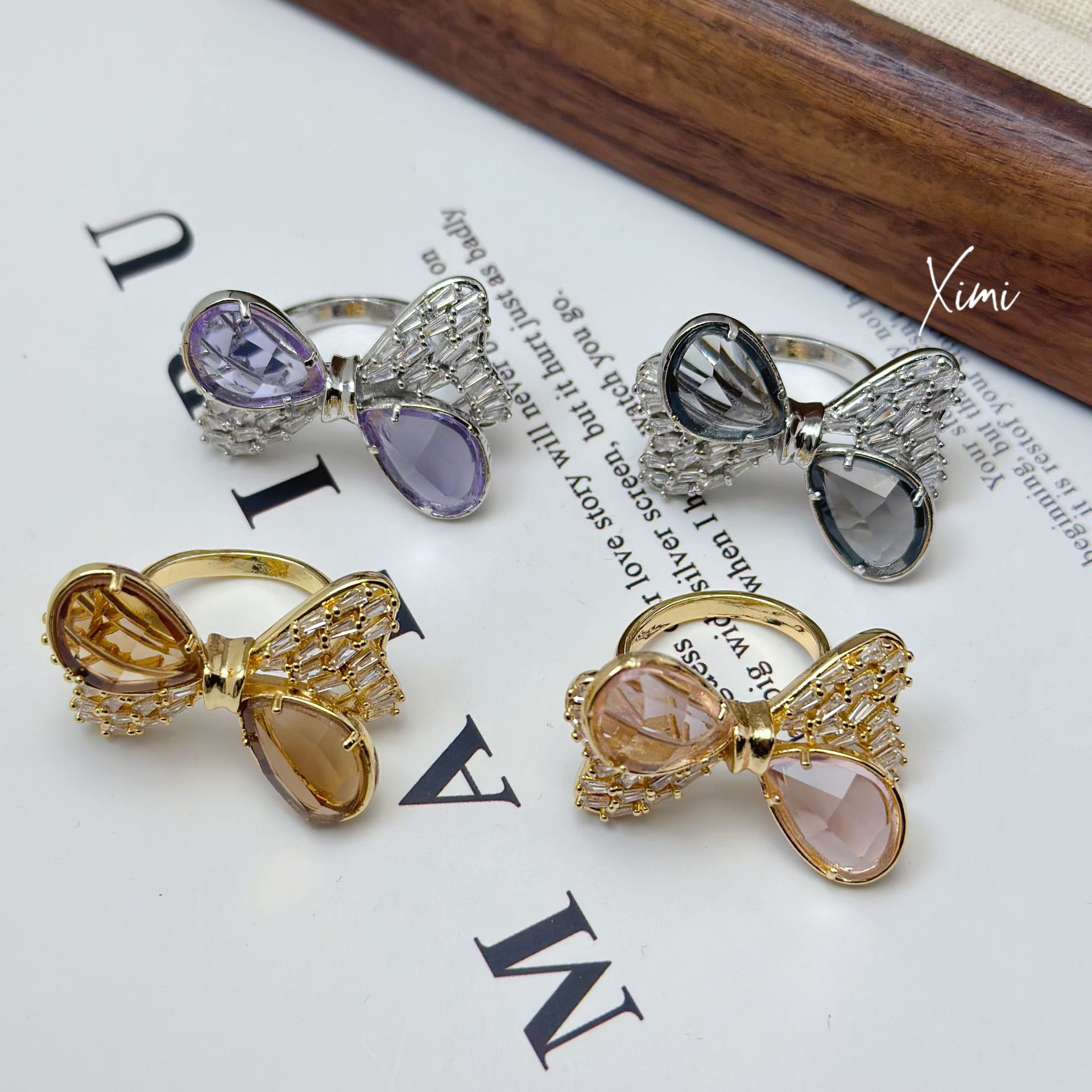 New Girly Heart Bowknot Ring Open Band Rhinestone Cute Knot Glass Sweet Exquisite Texture