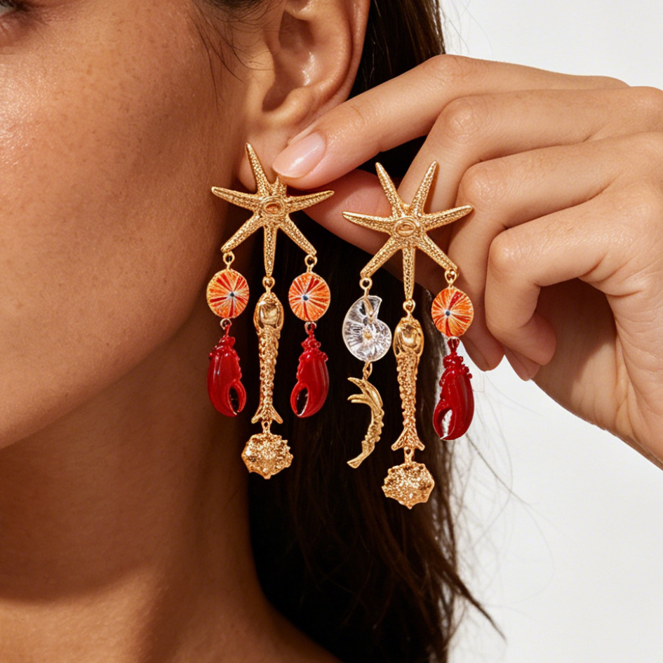 ZA multi-layer tassel crab starfish shell beach natural vacation style earrings ear accessories