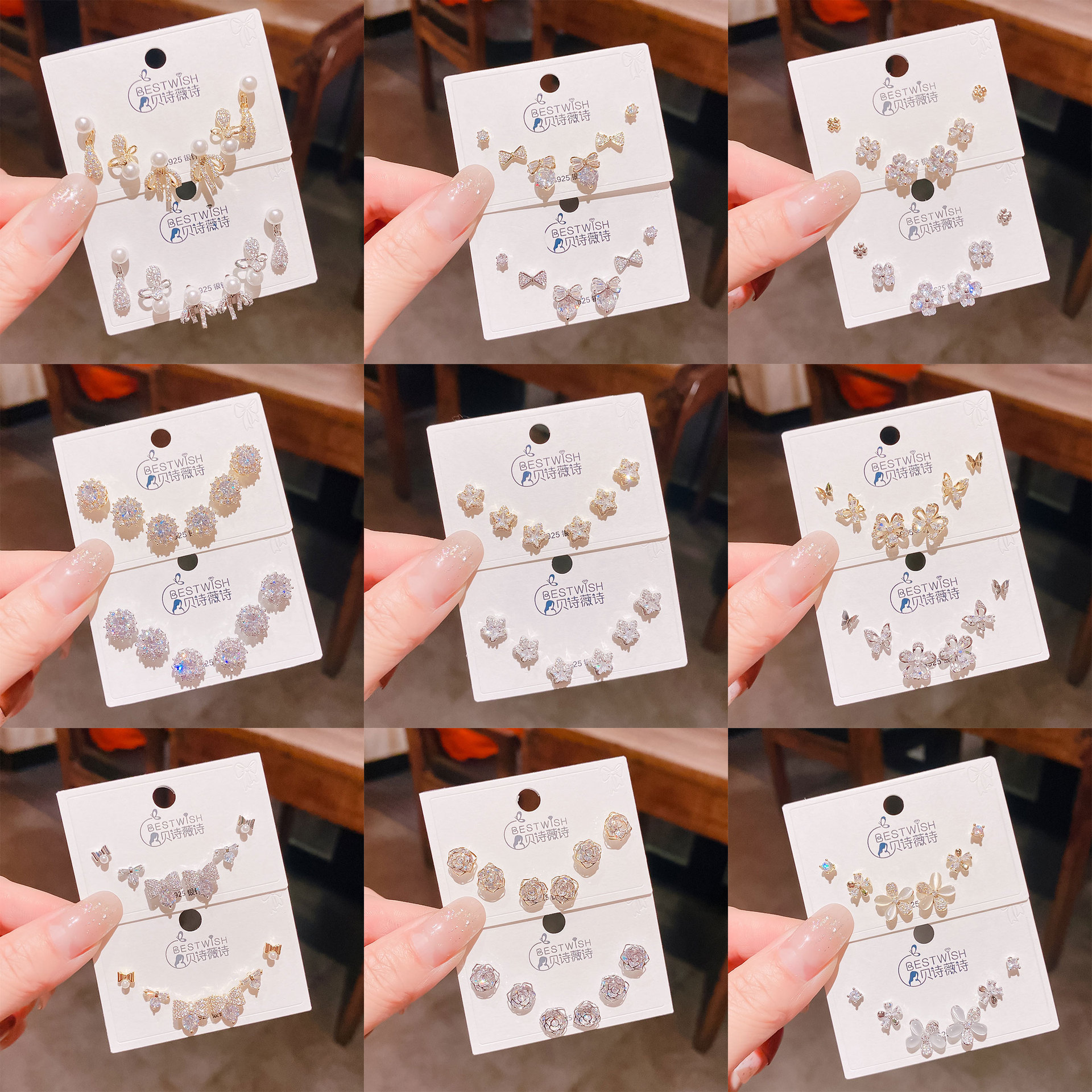 2026 batch #2 copper gold-plated zircon three pairs of small earrings set, silver needle earring accessories