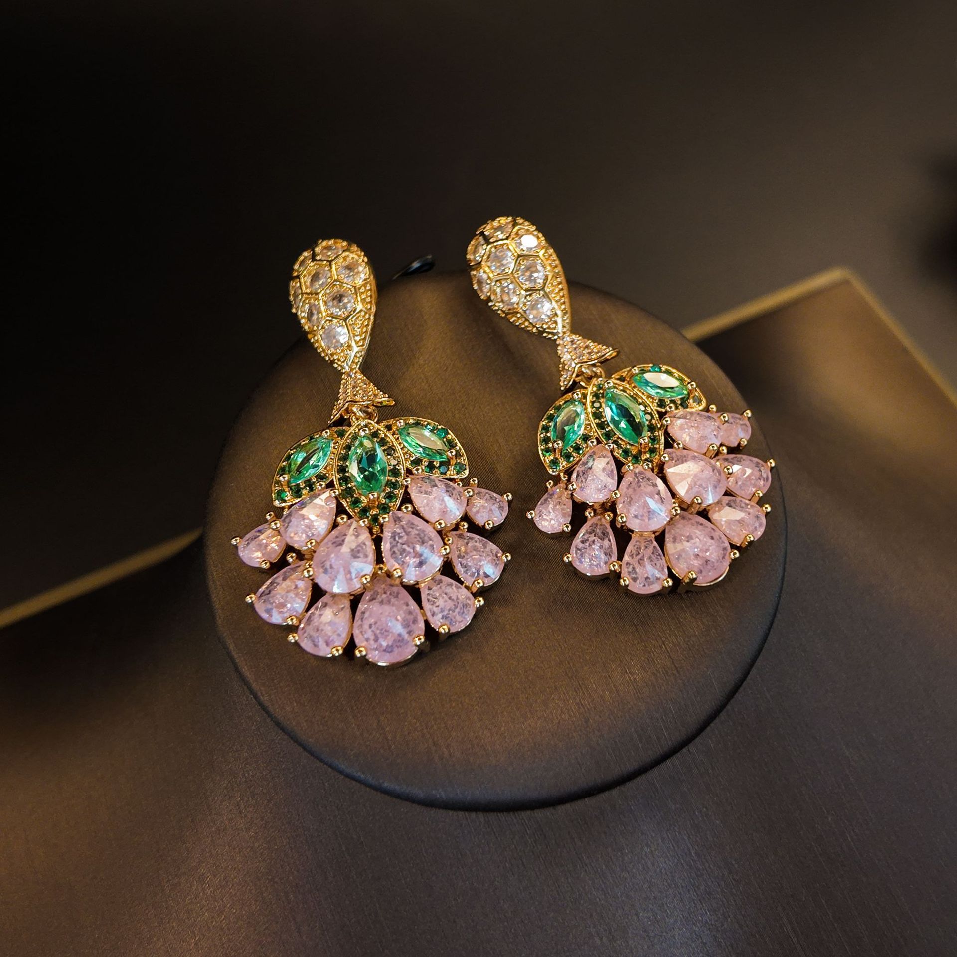 Copper inlaid zircon green leaf pink drop petal scallop flower earring women's accessories