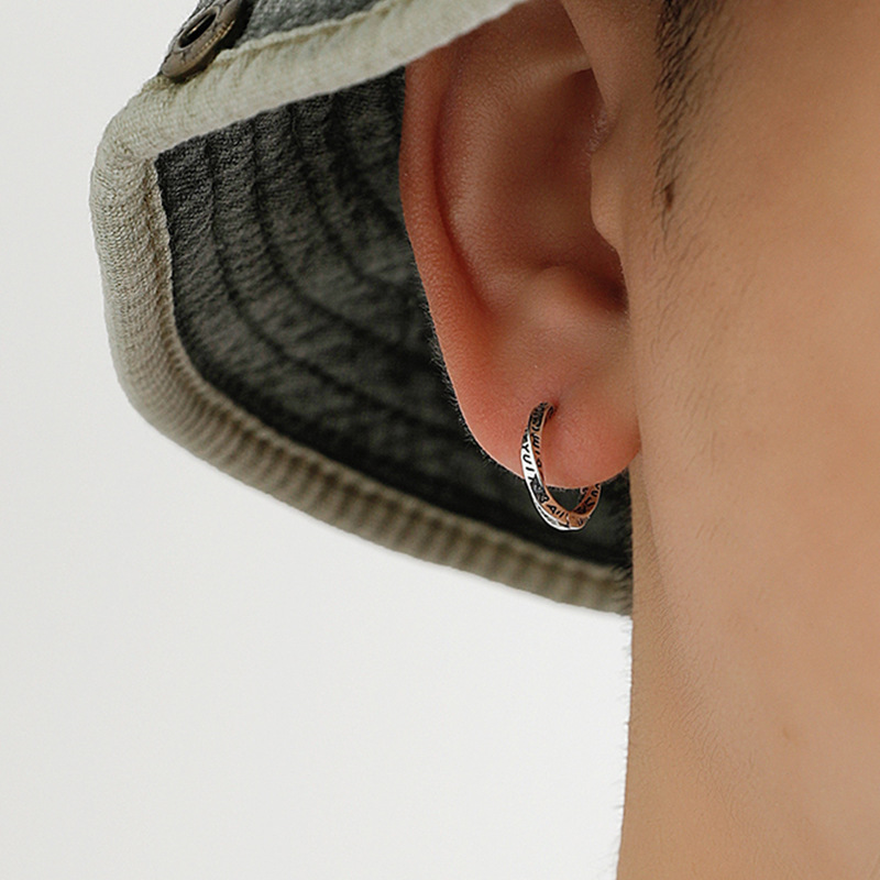 925 silver needle earrings for men, vintage ear buckle printed earrings twisted grain couple student