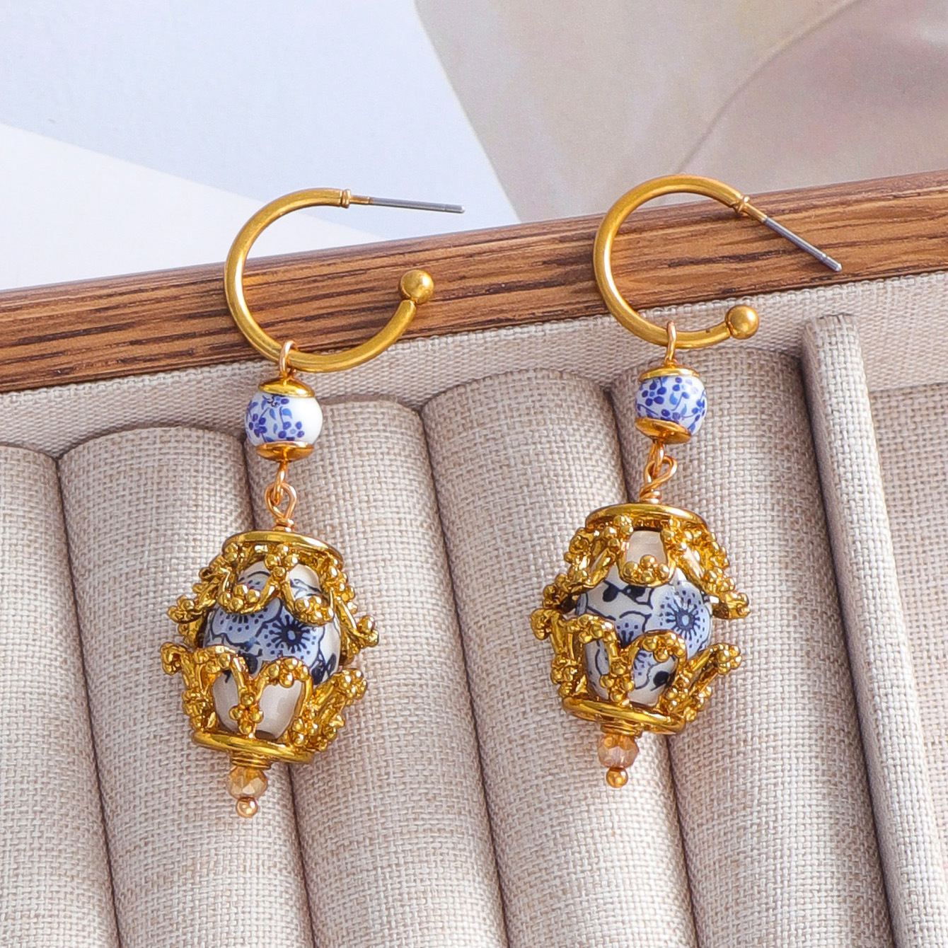 Original Design New Chinese Style Blue and White Porcelain Metal Earrings Women