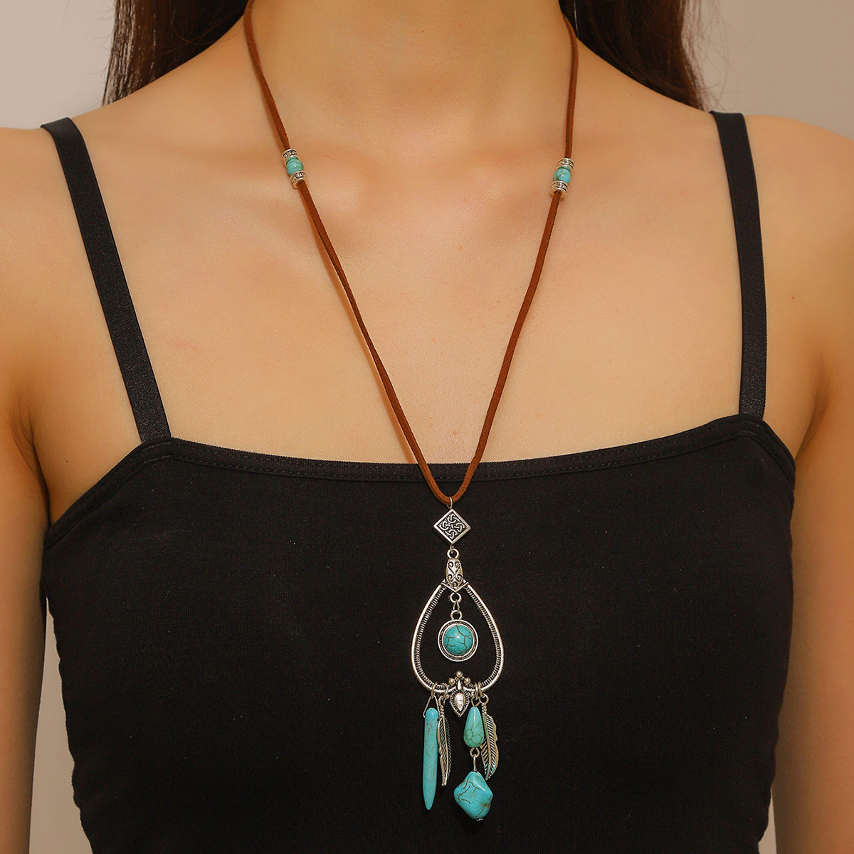 Bohemian ethnic style autumn winter jewelry turquoise pendant long sweater chain