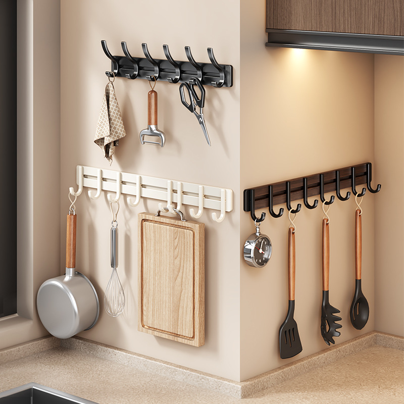 No-Drill Hooks, Space-Gray Aluminum Rail Hooks, Walnut-Finish Coat Hooks, Gunmetal Gray Kitchen Storage Adhesive Hooks, Bathroom Hooks