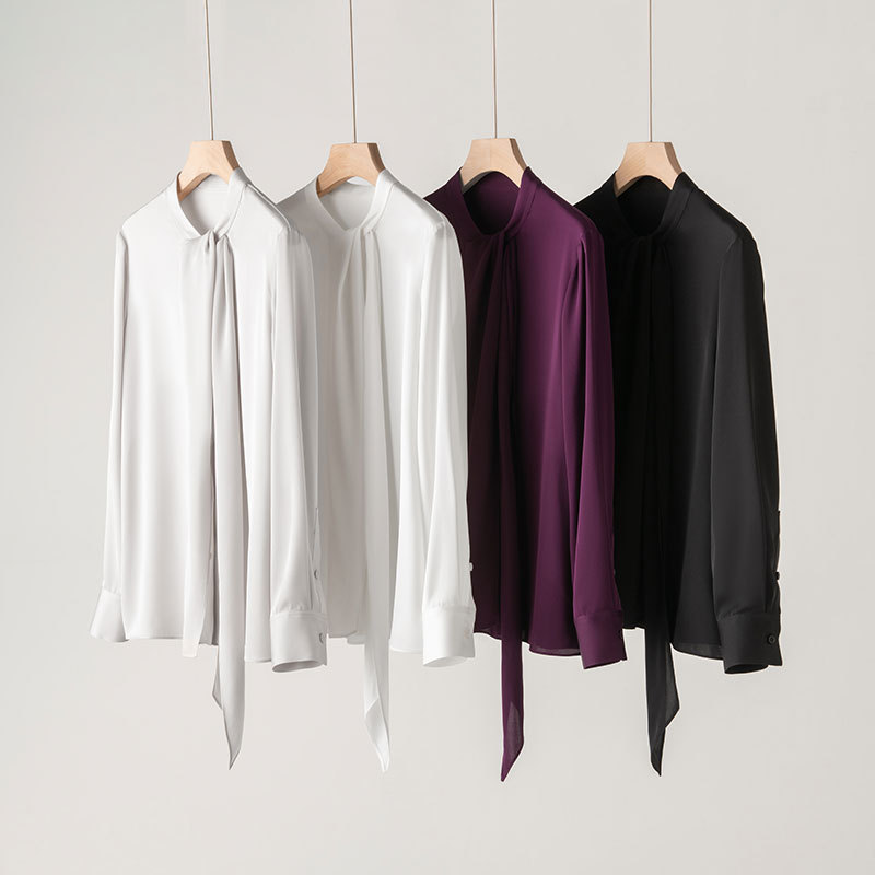 New Silk Blouse for Women Spring Long Sleeve Tie Mulberry Silk Shirt Mid-Length Solid Color Top