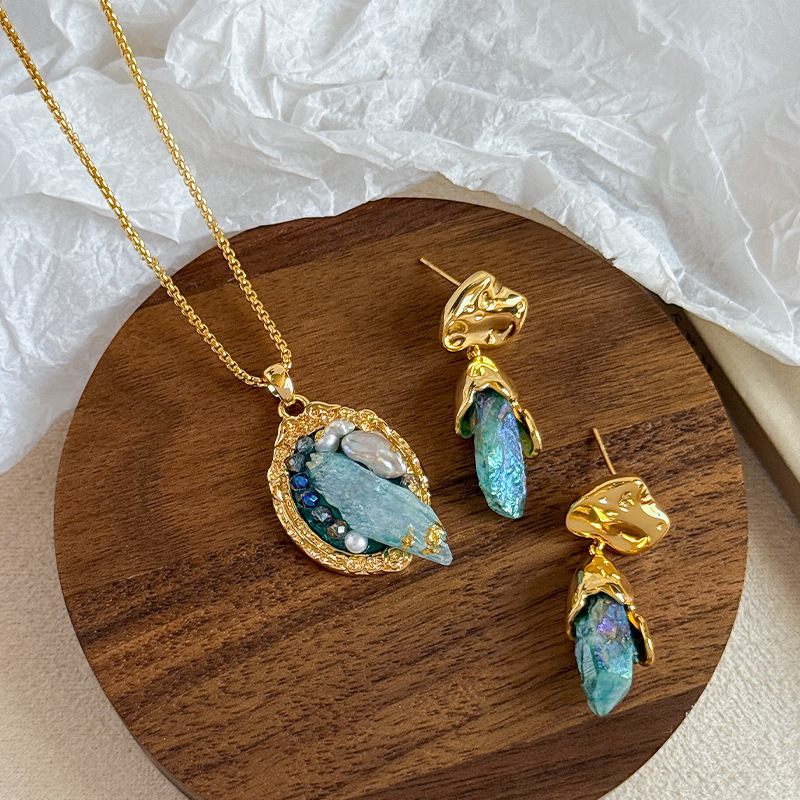 NALA Blue Natural Stone Earring Necklace Set Set Jewelry Necklace Earrings Women