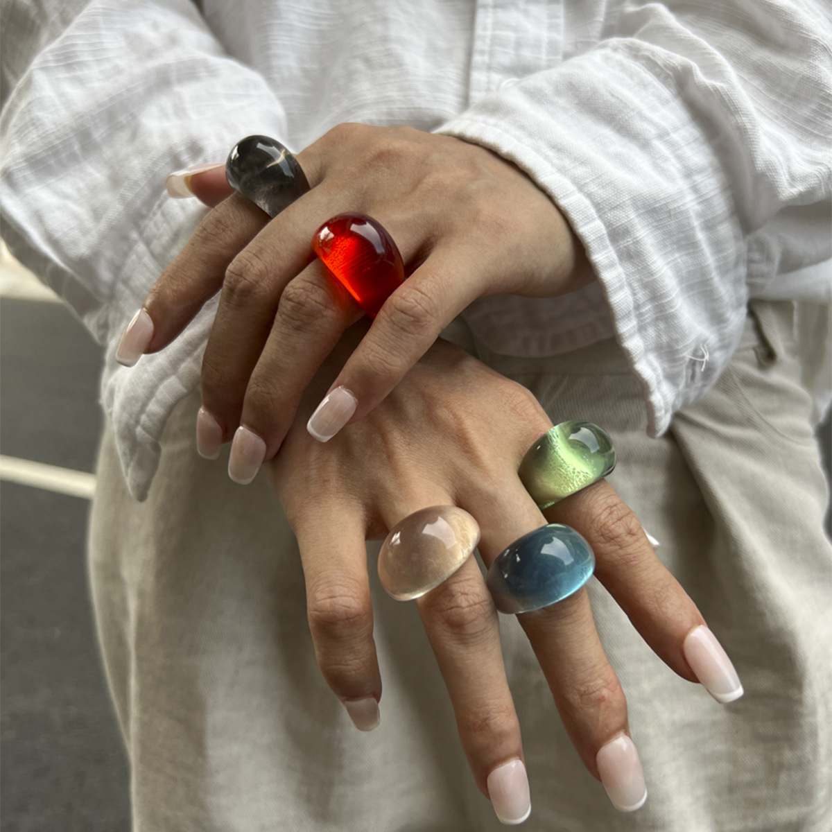 Jewelry transparent colored resin ring niche stacking curved wide face ring
