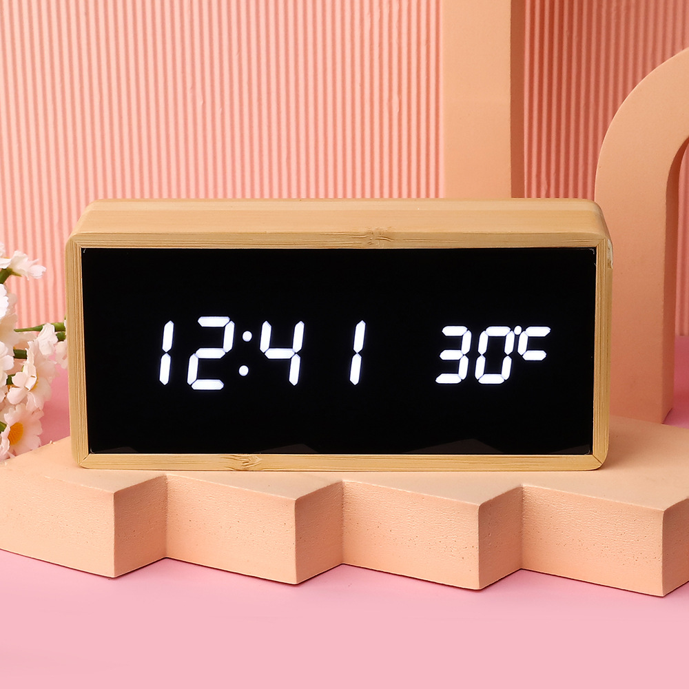LED wooden mirror surface bamboo shell thermometer electronic clock, home living room decoration alarm clock solid wood
