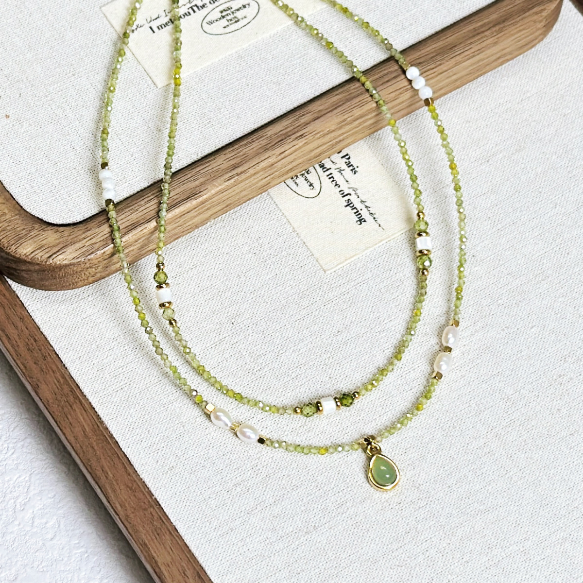 Simple Olive Green Zircon Crystal Beaded Necklace Ultra Fine Layering Simple Small Freshwater Pearl Necklace Women