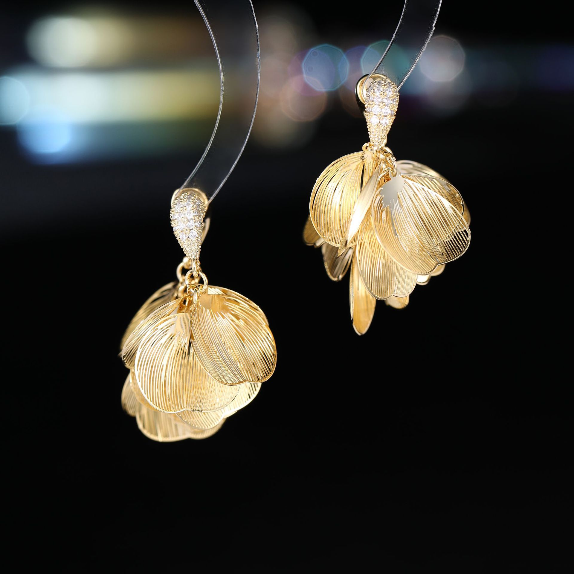 s925 Silver Needle Super Fairy Wire-Drawn Large Petal Zircon Earrings Back-Hanging Earrings