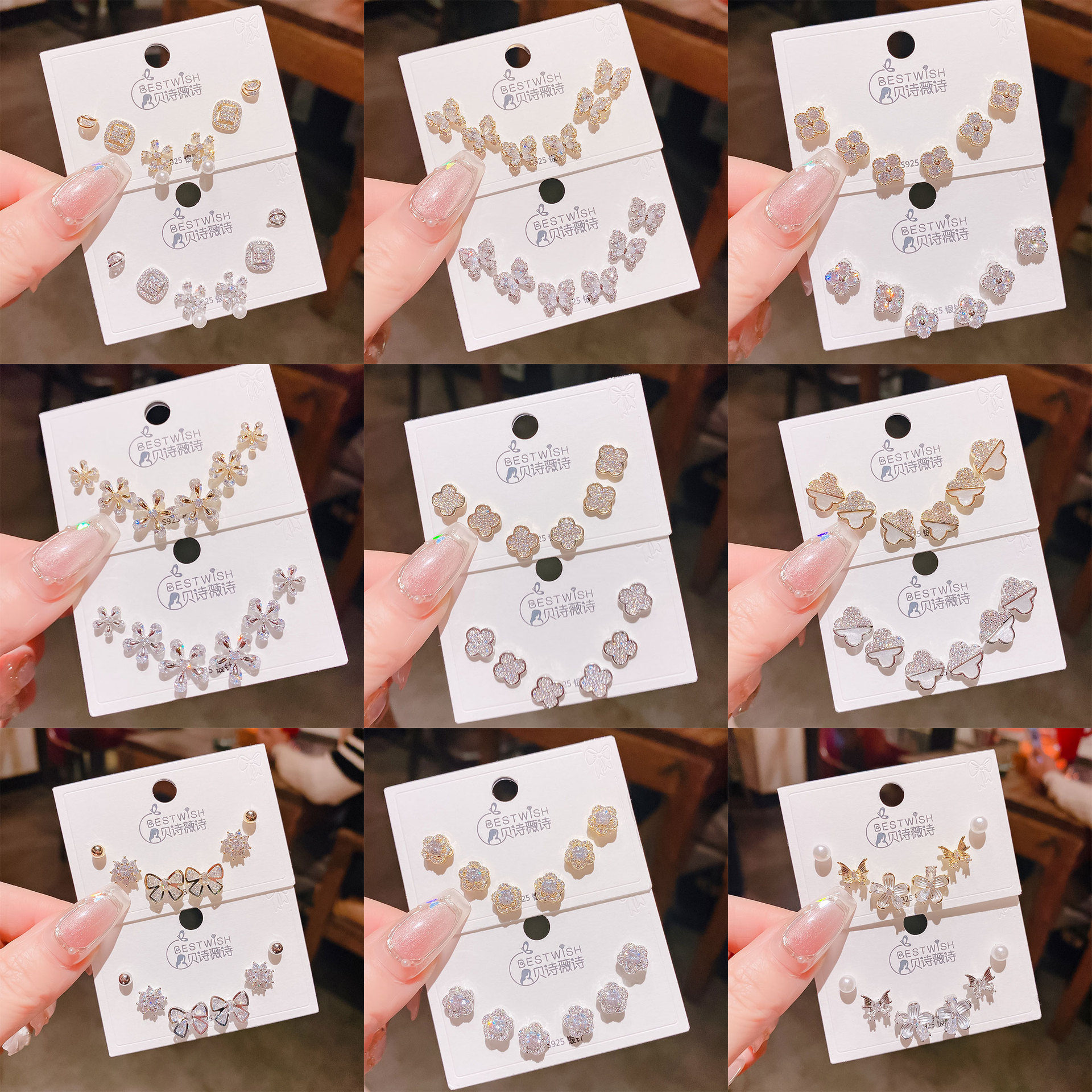 26th batch #1 copper gold-plated solid quality zircon three pairs of earrings, silver needle one card six-piece set