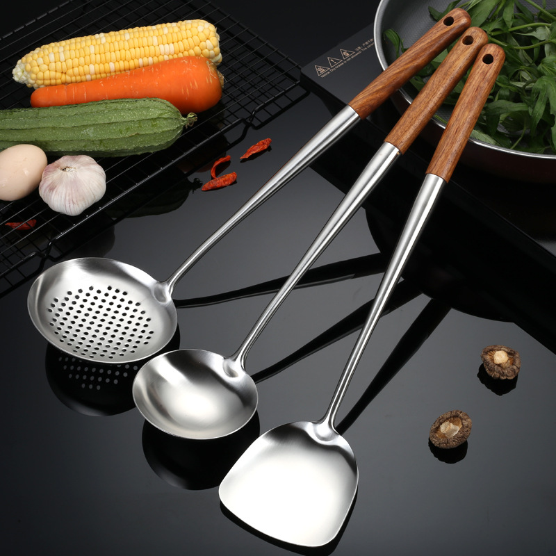 201 stainless steel wok spatula chef special cooking spoon wooden handle household long handle soup spoon serving spoon wok spoon