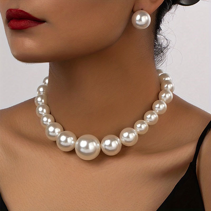 Imitated Pearl Necklace and Earring Set for Women, Niche Artificial Large Pearl Jewelry