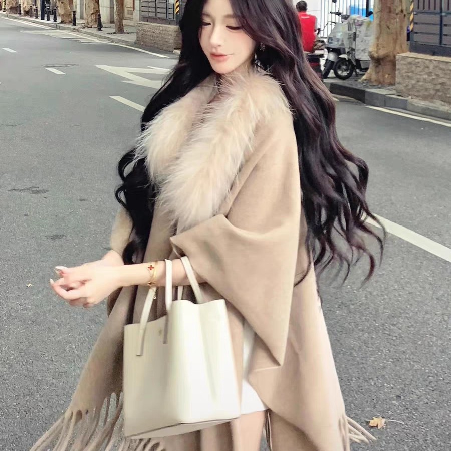 Autumn Winter Gentle Style Fur Collar Tassel Shawl Women Autumn Winter Warm Cape Coat 062#