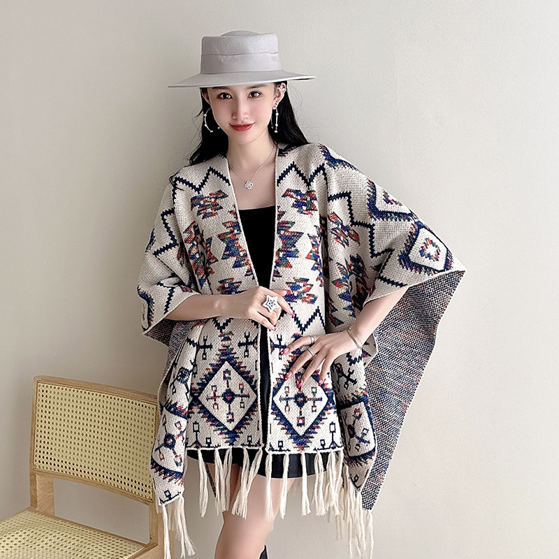 2023 Autumn Winter New Ethnic Style Tassel Shawl Cape Cape Outer Wear Jacquard Loose Knitted Cardigan Coat Women