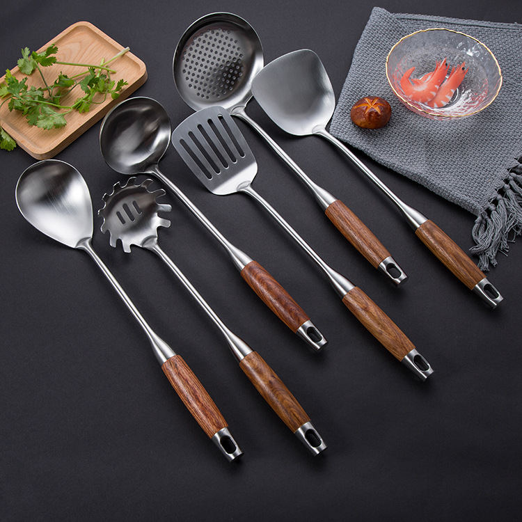 304 stainless steel spatula set, kitchen cooking spatula set, household rosewood handle stainless steel soup spoon, strainer, frying spatula