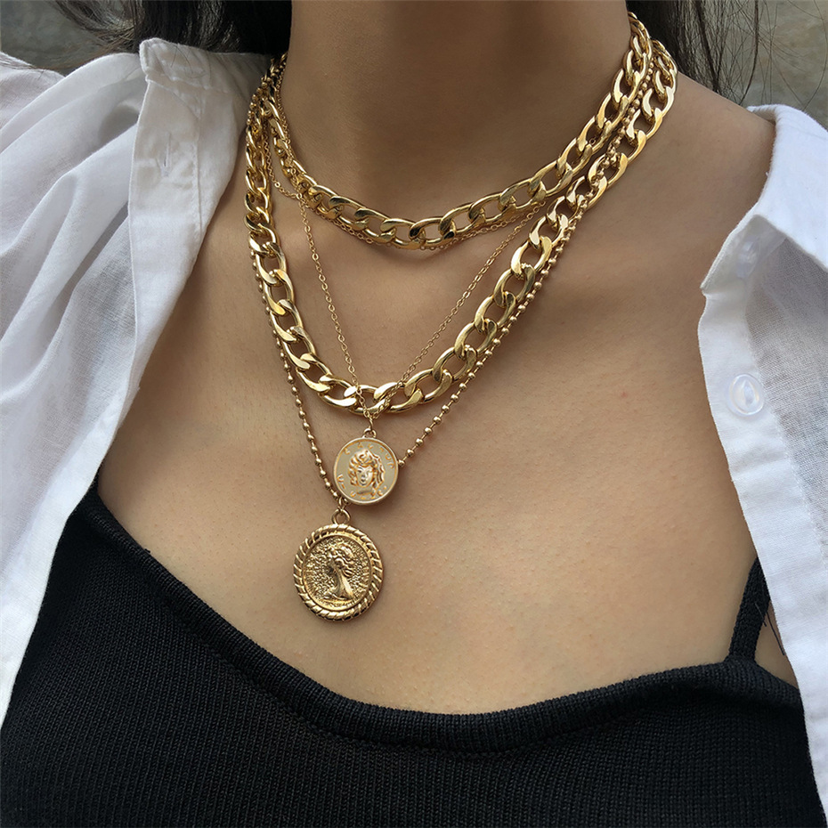 Multi-Layer Layered Gold Coin Necklace Medusa Head Coin Choker Hip Hop Style Necklace