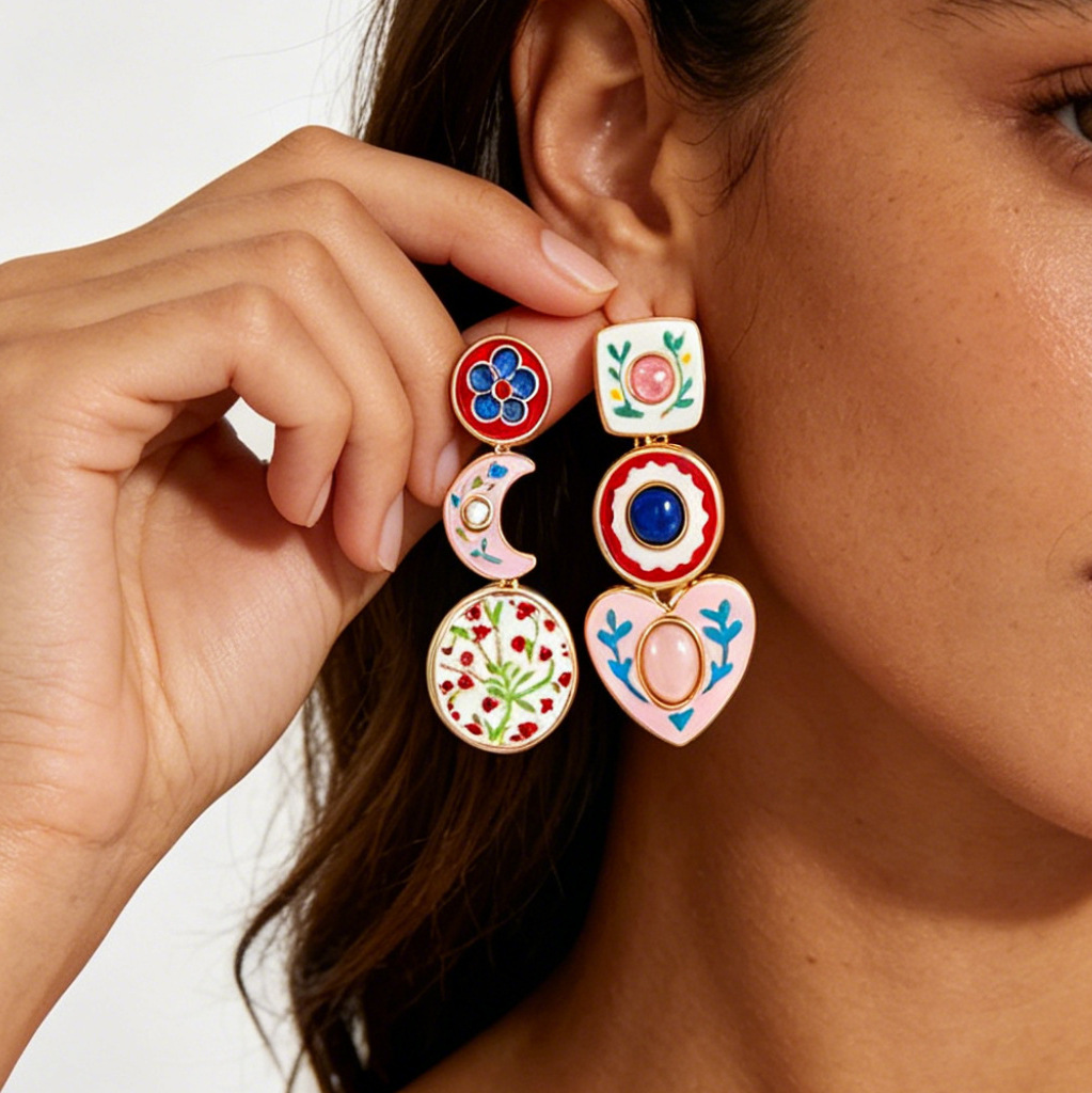 ZA exaggerated rhinestone heart pendant multi-layer earrings floral asymmetrical ear accessories for women