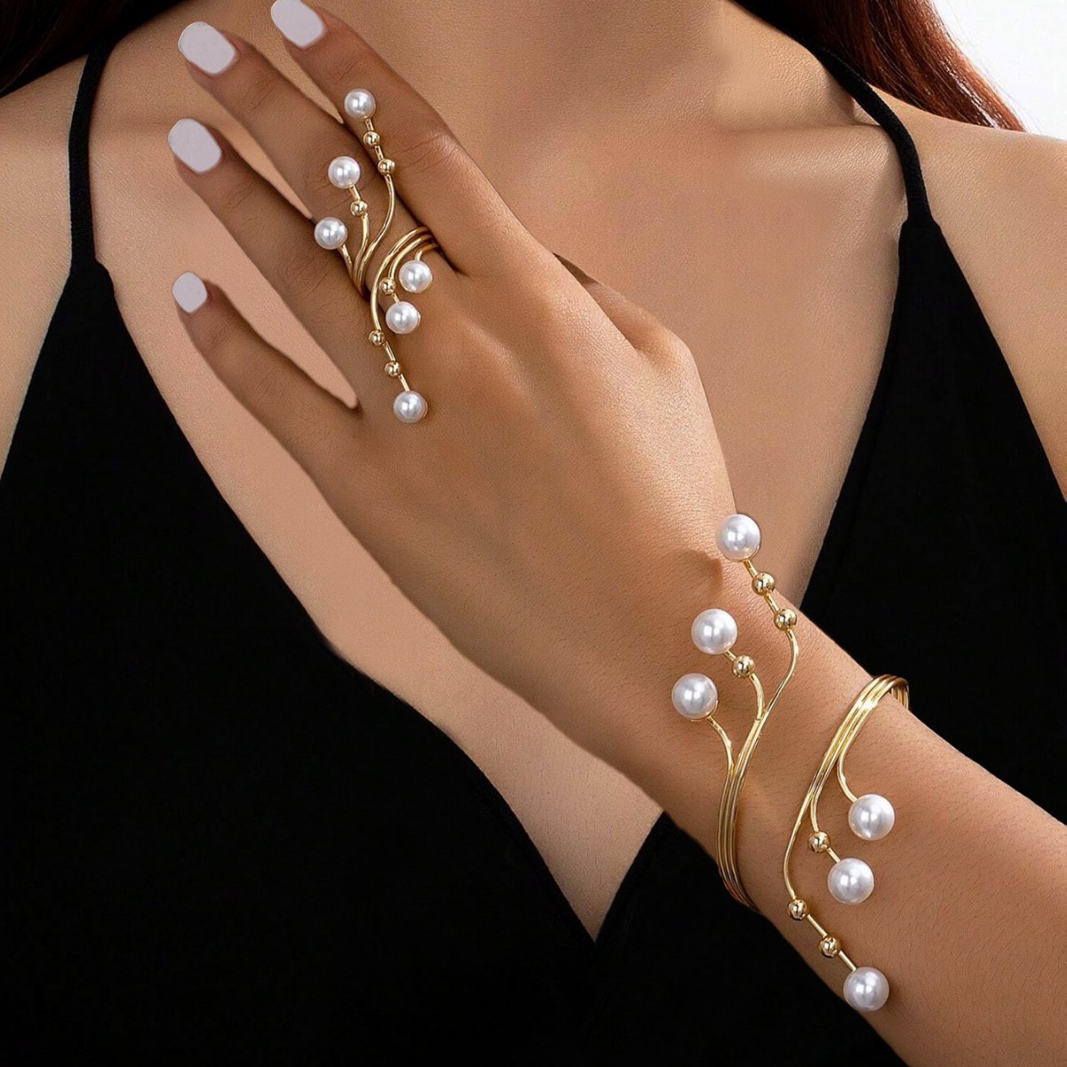 Geometric Pearl Bracelet Set Sense Metal Connected Finger Ring Accessories