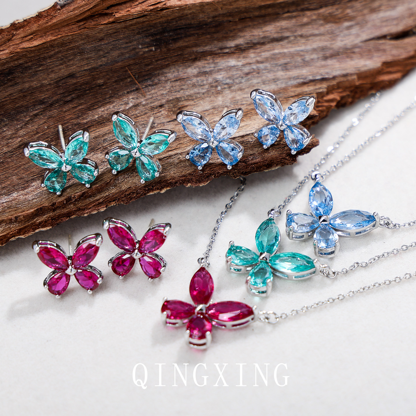 S925 Pure Silver Needle Red Corundum Spinel Butterfly Ear Studs Super Fairy Lake Green Pendant Collarbone Chain Women's Accessory