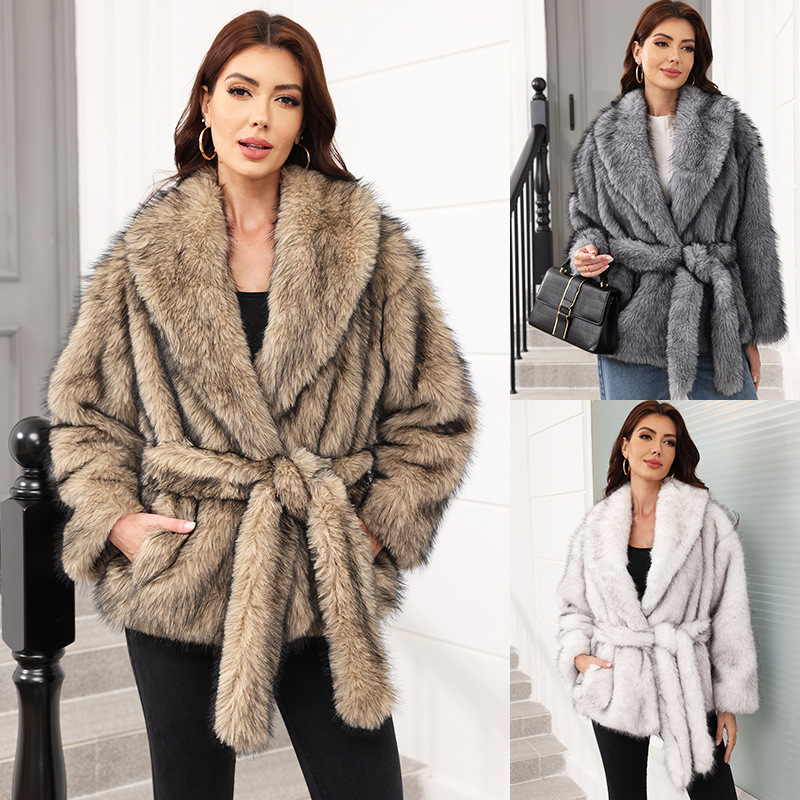 Faux fur with belt mid-length jacket women's clothing warm thickened plush long sleeve Haining Guanchen