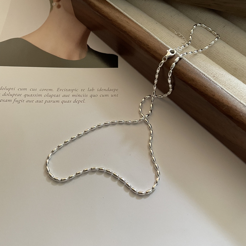 925 sterling silver simple niche INS layered rice bead olive bead necklace women's collarbone chain