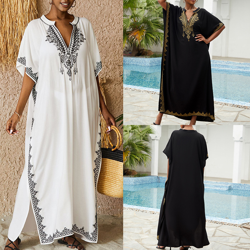 New Rayon Loose Plus Size Vacation Beach Cover Up Stand Collar Long Dress Women Bikini Cover Up Swimsuit Outer