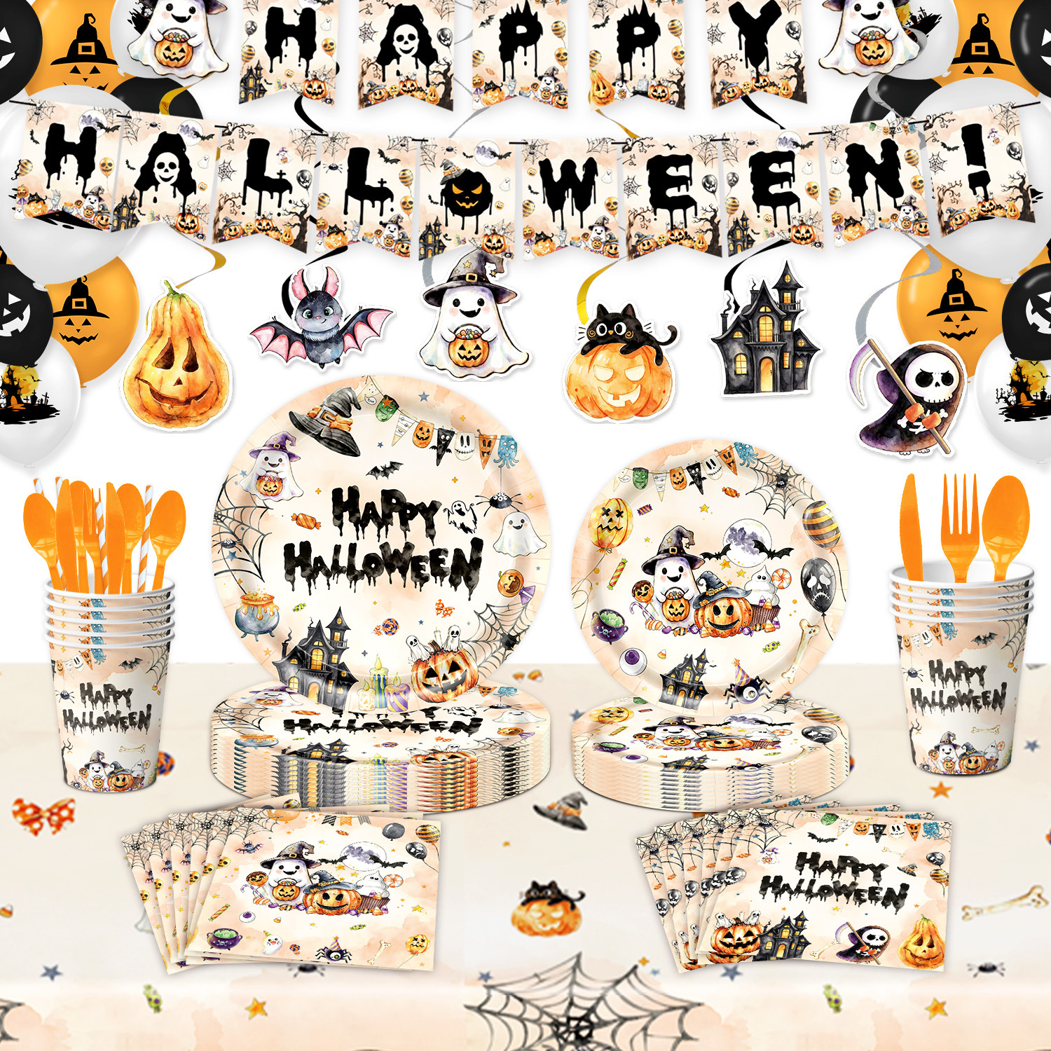 New Pumpkin Ghost Halloween Party Tableware Paper Plate Napkin Tablecloth Bunting Flag Cake Decoration