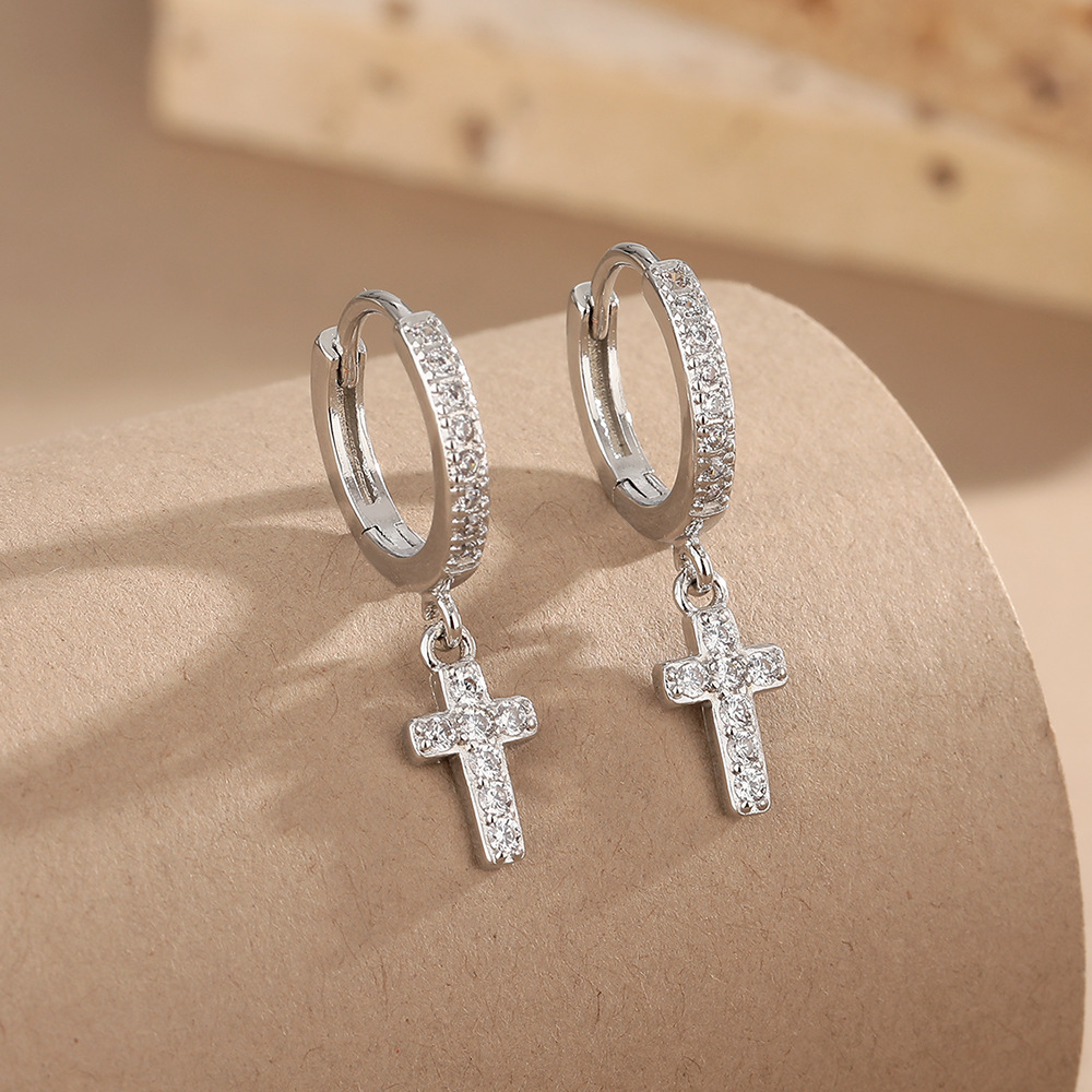 Simple Full Diamond Cross Ear Cuff Unisex Men's Earring Zircon Geometry Earring for Women
