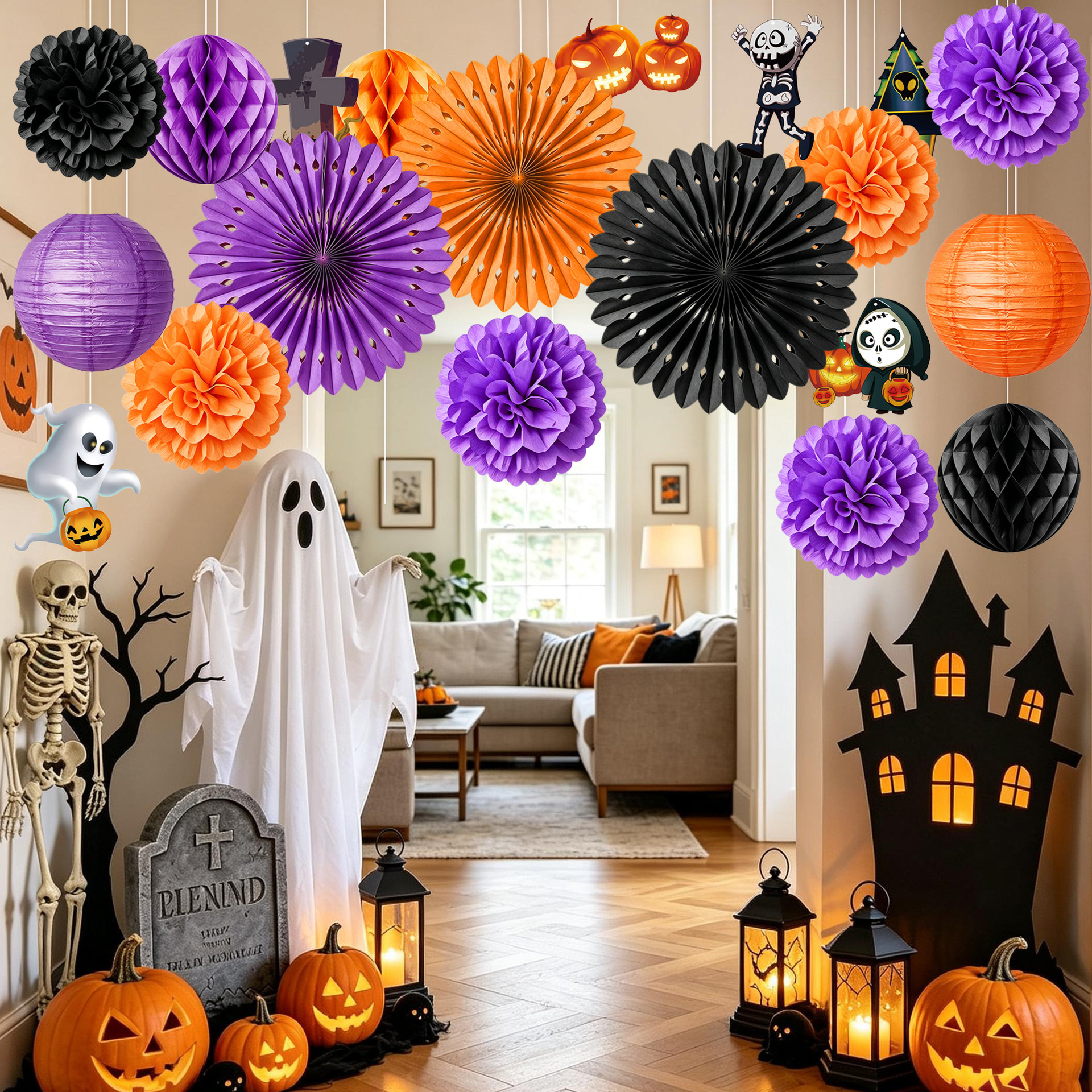 Halloween Ghost Pumpkin Theme Orange Purple Black Color Scheme Hollow Out Paper Fan Paper Flower Ball Scene Decoration Ornaments