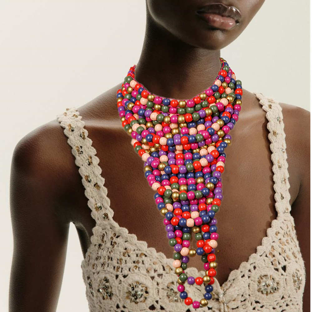 Ethnic style multi-layer colored wooden pieces bead necklace and earring set party accessories necklace
