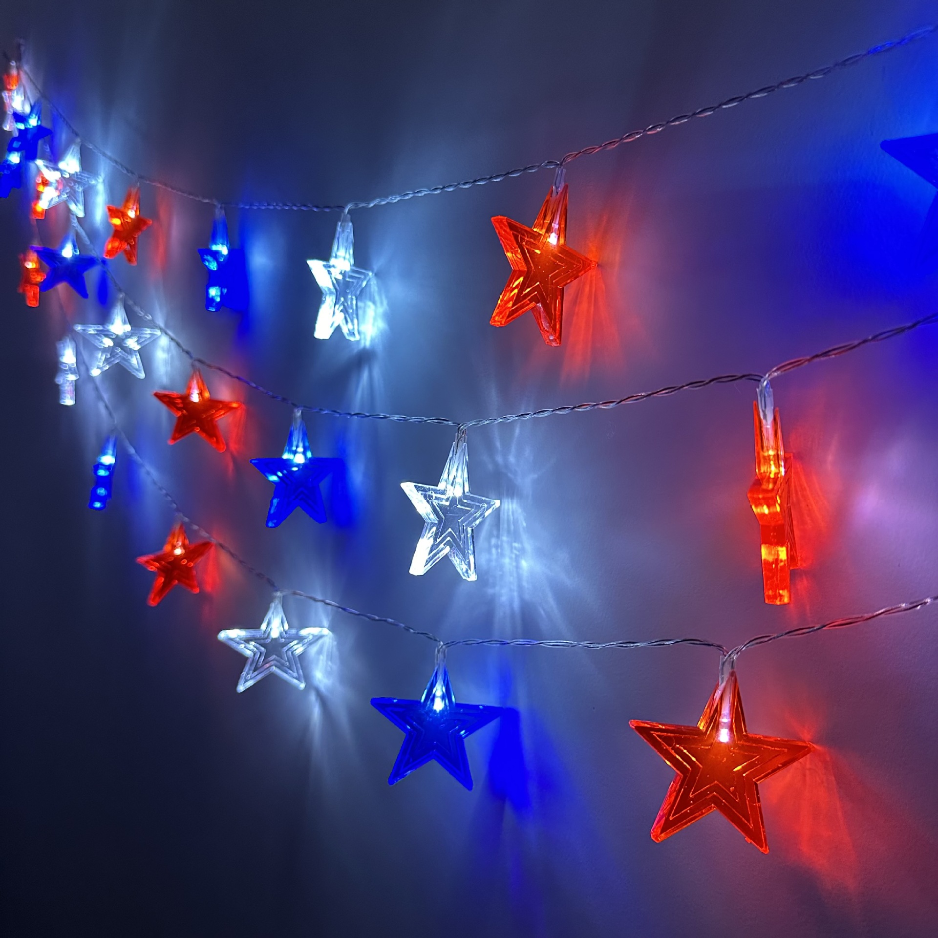 US Independence Day Light String LED Red White Blue Five-pointed Star Light String USB Courtyard Garden Room Decorative Lights