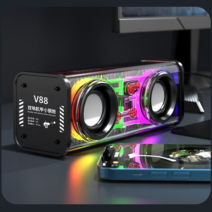 V8 Bluetooth speaker dual speaker transparent mecha small steel cannon colorful high power low bass desktop small audio