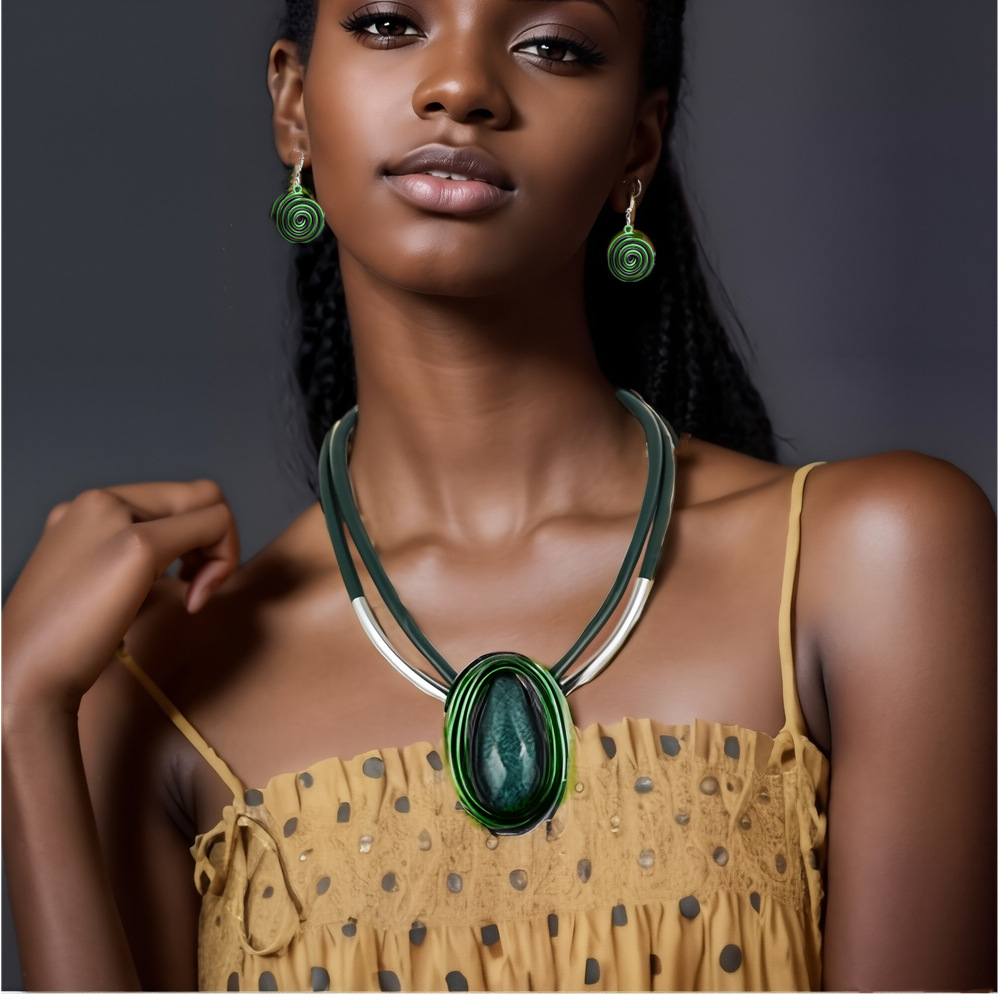 Spanish aluminum strip leather rope resin teardrop pendant necklace and earring set accessories necklace
