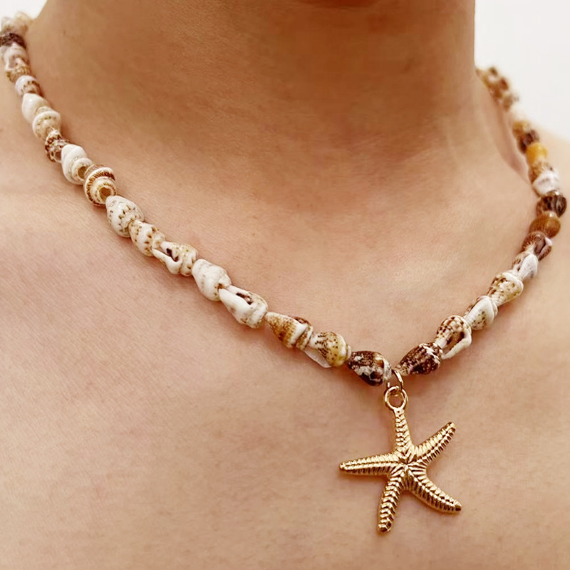 Rongshang Natural Shell Small Conch Necklace Ocean Star Pendant Woven Necklace Accessory
