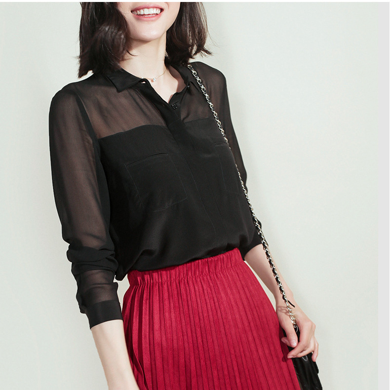 2026 Early Autumn S105 Collarbone Revealing Shirt Black Silk Shirt Women Long Sleeve