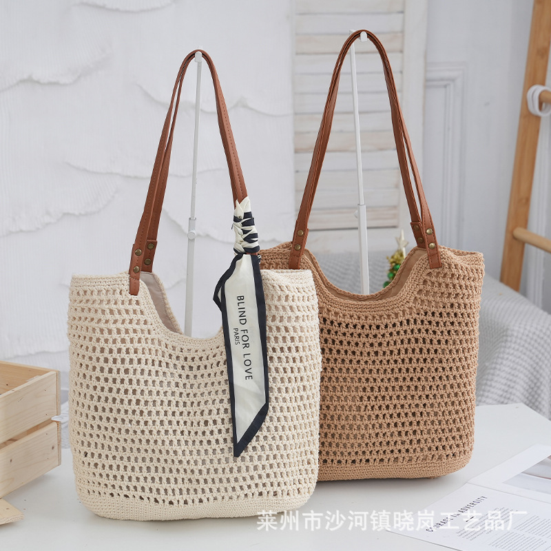 New large capacity single-shoulder cotton woven bag new hollow mesh tote bag seaside vacation beach bag women's bag