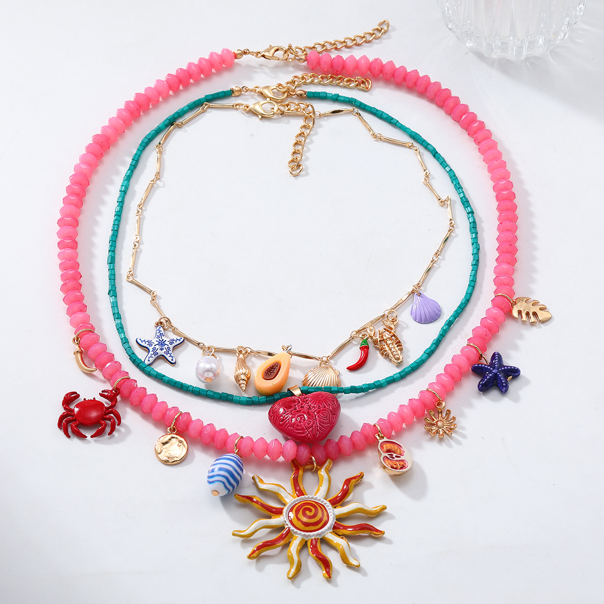ZA multi-layer beach vacation necklace for women shell starfish conch bead heart crab