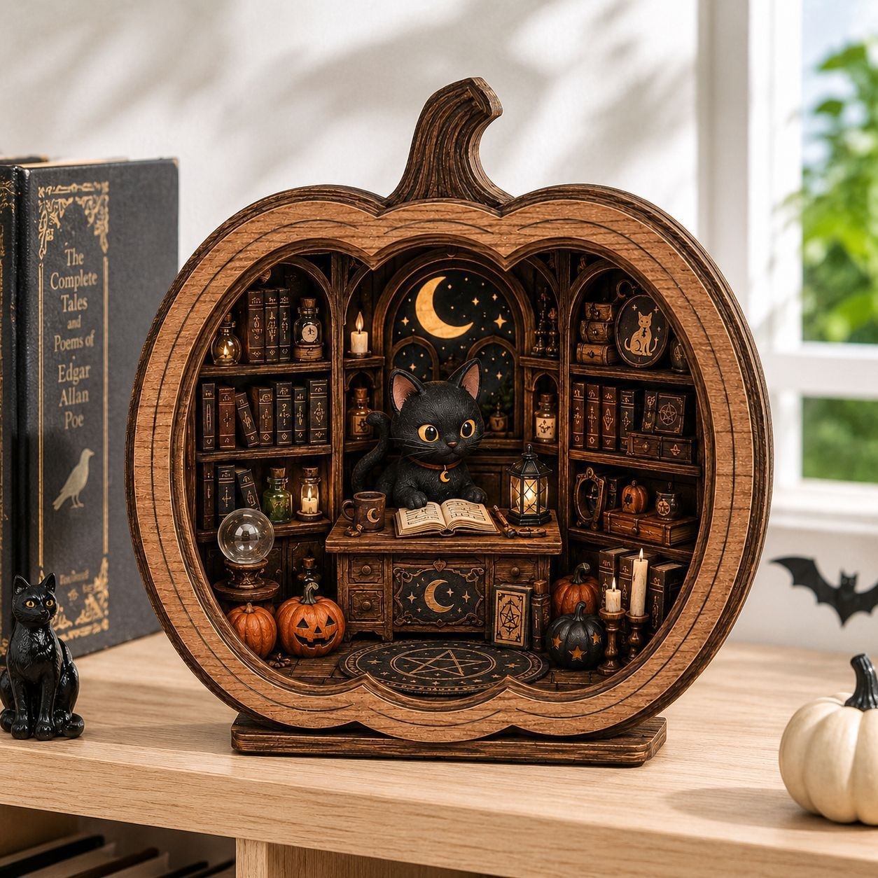 Halloween Pumpkin Magic Book House Wooden Ornament Black Cat Three-Dimensional Carving Home Decoration
