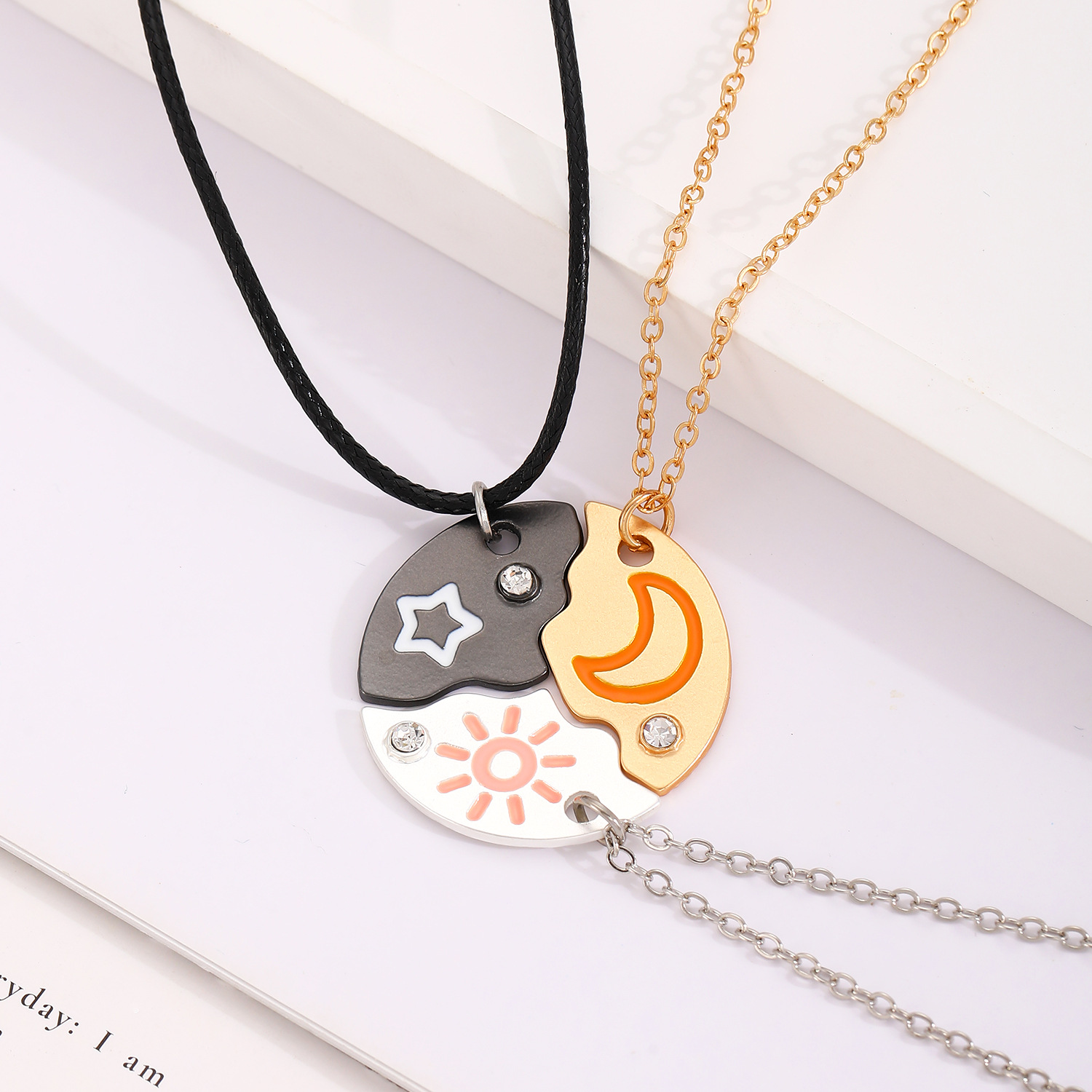 New Star Moon Sun Three-Piece Set Best Friends Girlfriends Alloy Diamond Inlay Two-Piece Necklace