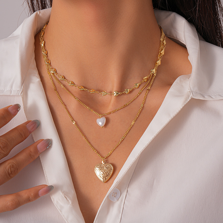 Imitation Pearl Heart Print Three-Layer Layered Chain Necklace for Women